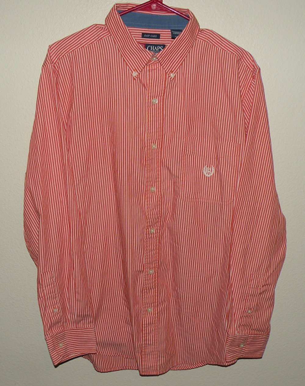 Chaps Easy Care Men's Large LS Button Shirt Red White Striped